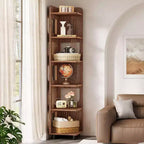 Estantería esquinera de 6 niveles, librería alta rústica de 71 pulgadas para sala de estar, dormitorio, oficina