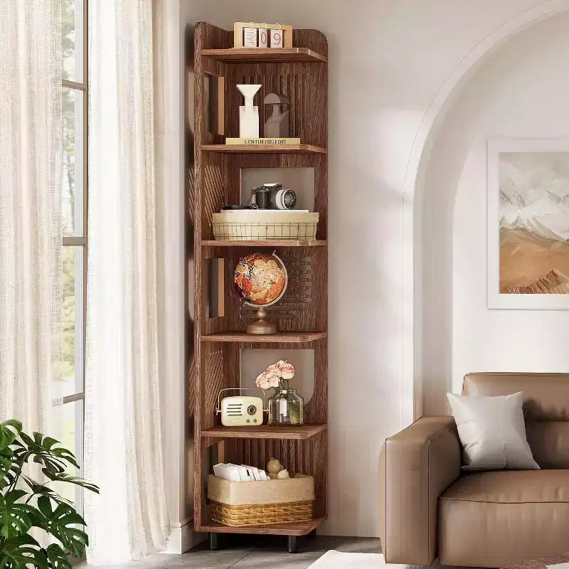 Estantería esquinera de 6 niveles, librería alta rústica de 71 pulgadas para sala de estar, dormitorio, oficina