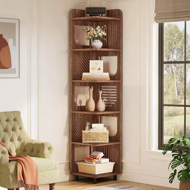 Estantería esquinera de 6 niveles, librería alta rústica de 71 pulgadas para sala de estar, dormitorio, oficina
