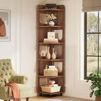 Estantería esquinera de 6 niveles, librería alta rústica de 71 pulgadas para sala de estar, dormitorio, oficina