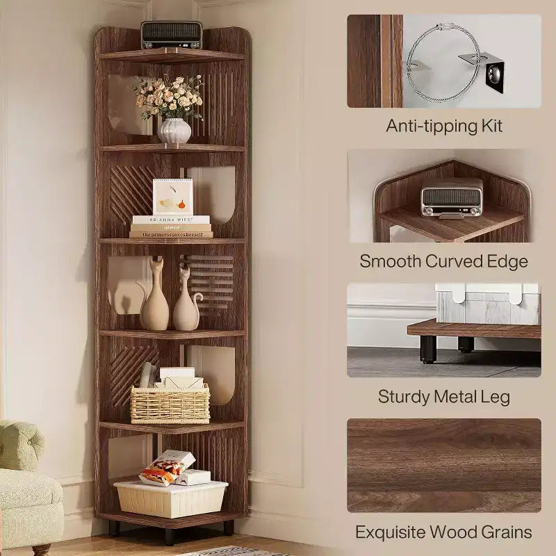 Estantería esquinera de 6 niveles, librería alta rústica de 71 pulgadas para sala de estar, dormitorio, oficina