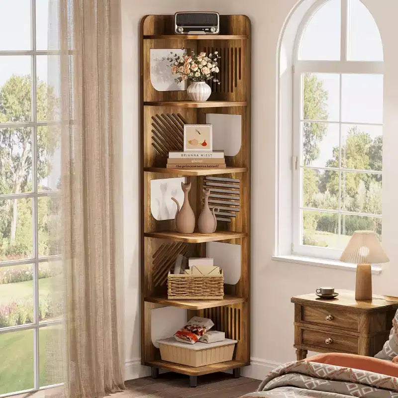 Estantería esquinera de 6 niveles, librería alta rústica de 71 pulgadas para sala de estar, dormitorio, oficina