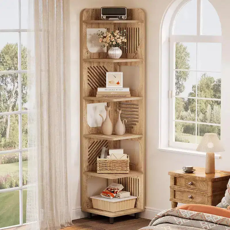 Estantería esquinera de 6 niveles, librería alta rústica de 71 pulgadas para sala de estar, dormitorio, oficina
