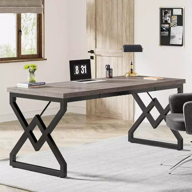 Escritorio ejecutivo de 63 pulgadas, escritorio grande para oficina con tablero de madera grueso y estructura de metal