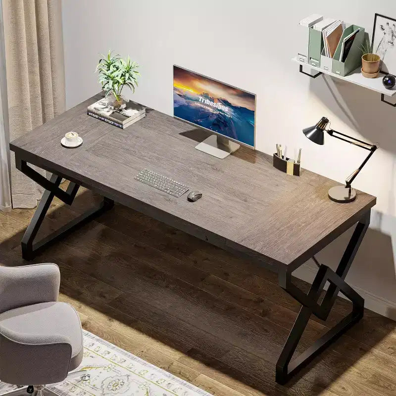 Escritorio ejecutivo de 63 pulgadas, escritorio grande para oficina con tablero de madera grueso y estructura de metal