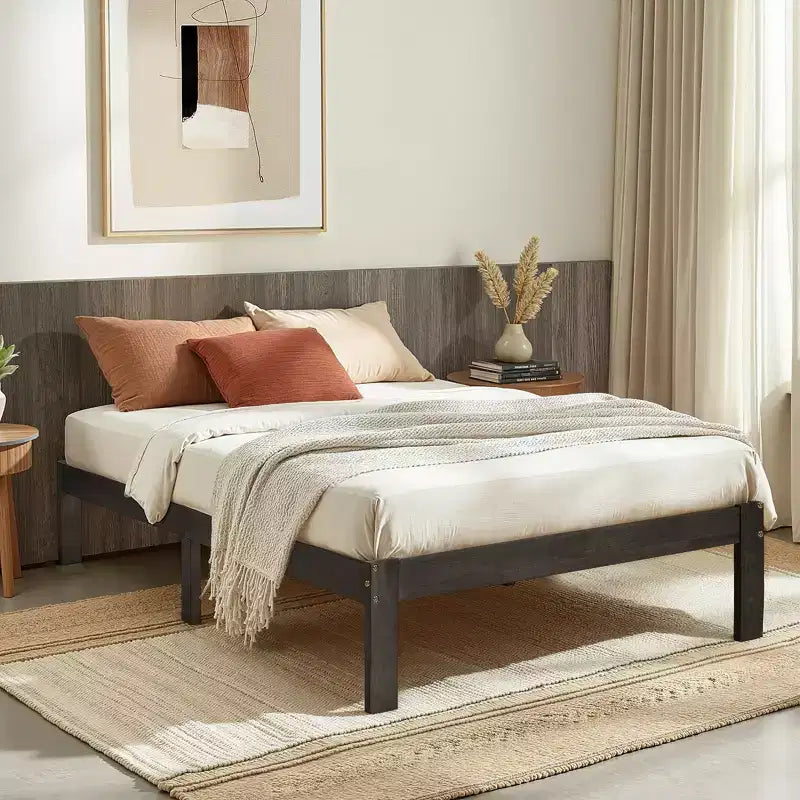 Base de cama de plataforma de madera maciza con soporte de listones de madera, gris oscuro