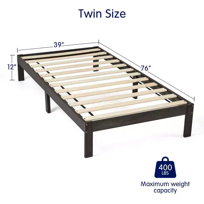 Base de cama de plataforma de madera maciza con soporte de listones de madera, gris oscuro