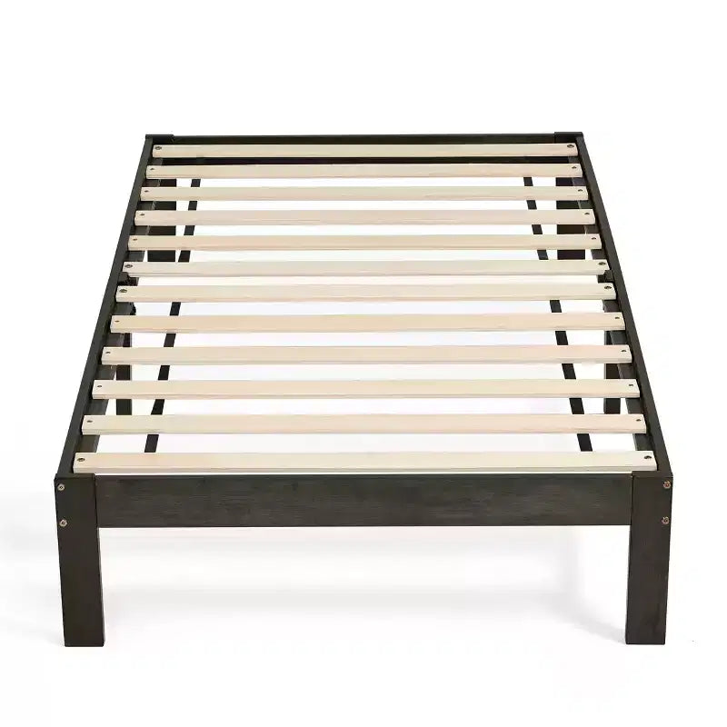 Base de cama de plataforma de madera maciza con soporte de listones de madera, gris oscuro