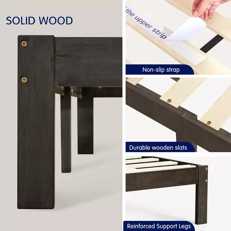 Base de cama de plataforma de madera maciza con soporte de listones de madera, gris oscuro