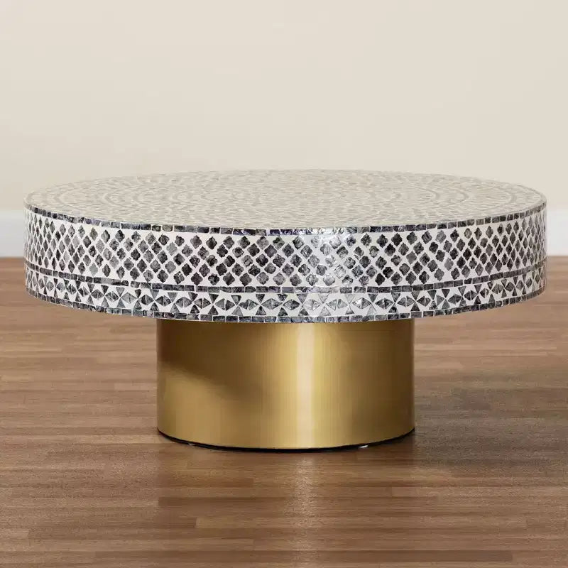 Mesa de centro costera de concha de capiz de nácar blanca y negra