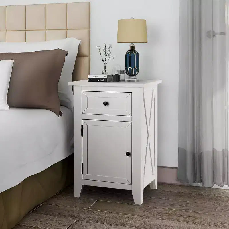 Mesa de noche de madera en forma de X con 1 cajón y 1 armario de almacenamiento con puerta