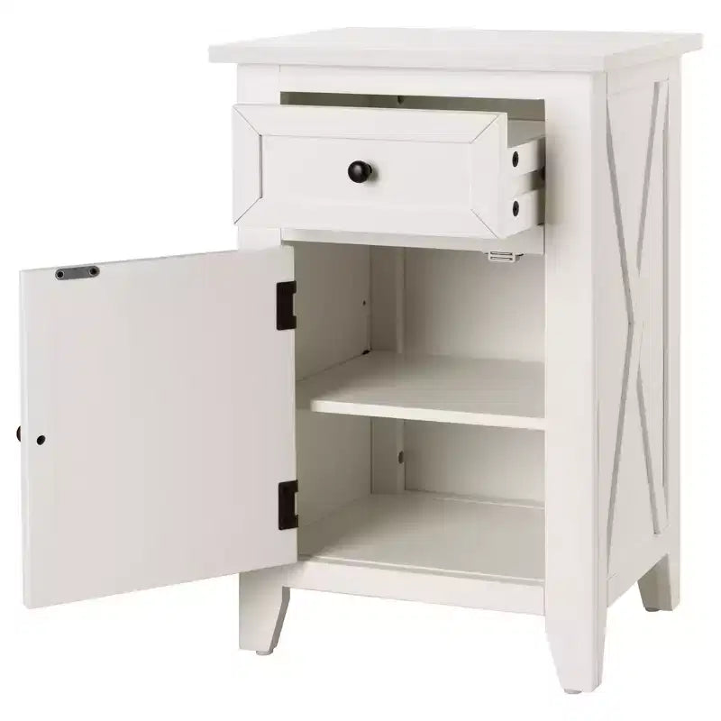 Mesa de noche de madera en forma de X con 1 cajón y 1 armario de almacenamiento con puerta