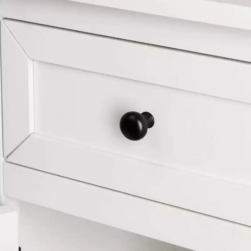 Mesa de noche de madera en forma de X con 1 cajón y 1 armario de almacenamiento con puerta