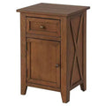 Mesa de noche de madera en forma de X con 1 cajón y 1 armario de almacenamiento con puerta