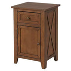 Mesa de noche de madera en forma de X con 1 cajón y 1 armario de almacenamiento con puerta