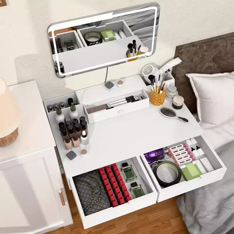 Tocador moderno con espejo extraíble, escritorio de maquillaje ajustable con 3 modos de color, mesa de tocador para sala de estar, dormitorio, blanco
