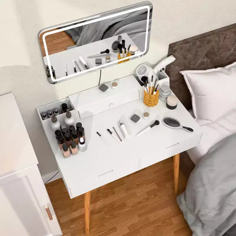Tocador moderno con espejo extraíble, escritorio de maquillaje ajustable con 3 modos de color, mesa de tocador para sala de estar, dormitorio, blanco