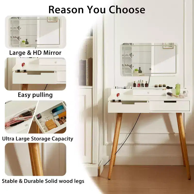 Tocador moderno con espejo extraíble, escritorio de maquillaje ajustable con 3 modos de color, mesa de tocador para sala de estar, dormitorio, blanco