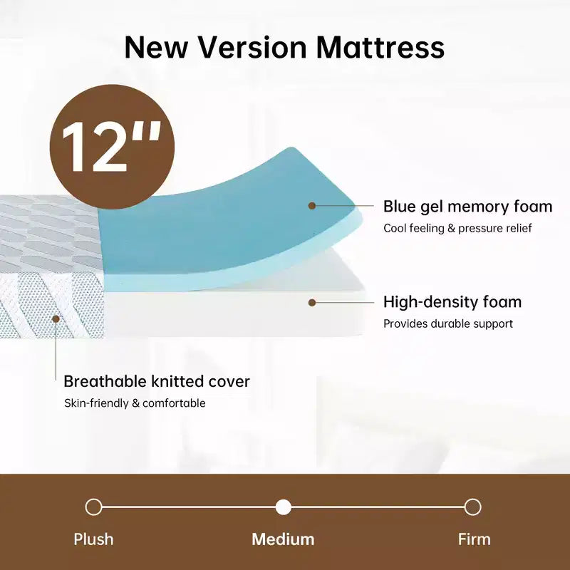 Colchón Queen Size de 12 Pulgadas para Adultos y Adolescentes, Colchón de Espuma Viscoelástica Refrescante, Funda Extraíble y Lavable, Firmeza Media
