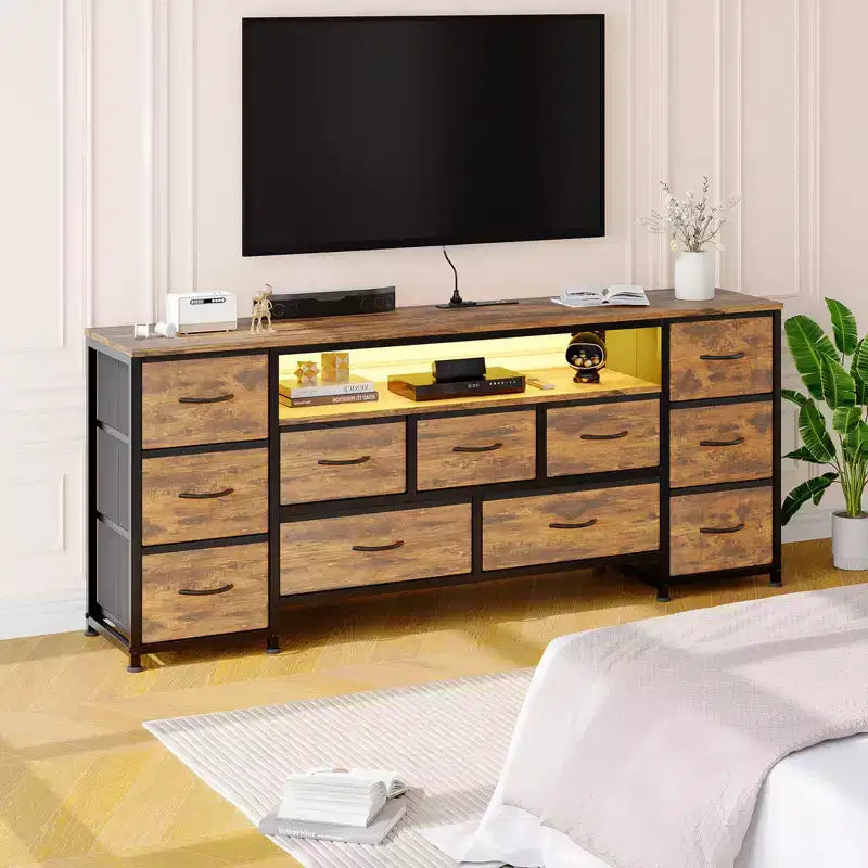 Cómoda de 11 cajones, Mueble de TV para televisores de 70 pulgadas, Centro de entretenimiento con almacenamiento, Cómoda con estantes abiertos para sala de estar, dormitorio