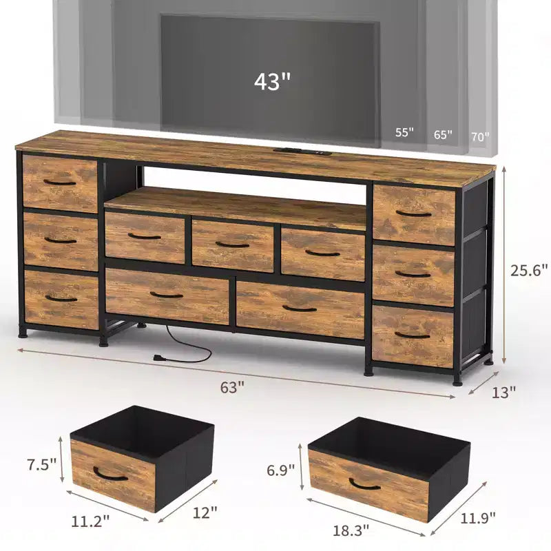 Cómoda de 11 cajones, Mueble de TV para televisores de 70 pulgadas, Centro de entretenimiento con almacenamiento, Cómoda con estantes abiertos para sala de estar, dormitorio
