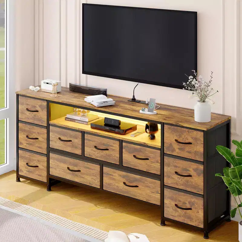 Cómoda de 11 cajones, Mueble de TV para televisores de 70 pulgadas, Centro de entretenimiento con almacenamiento, Cómoda con estantes abiertos para sala de estar, dormitorio