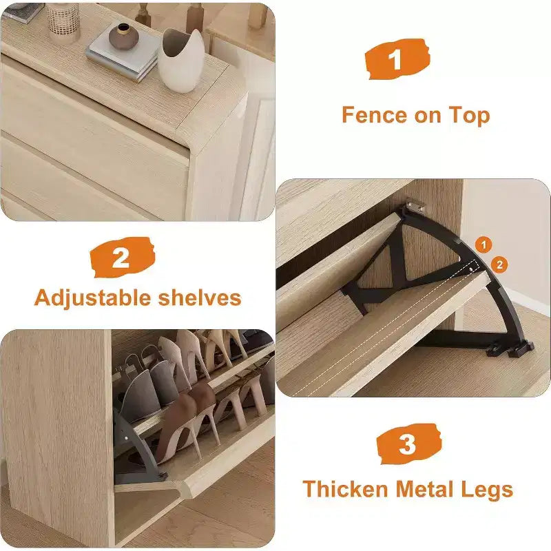 Zapatero abatible con 3 puertas y estante ajustable, almacenamiento de madera para recibidor y sala de estar