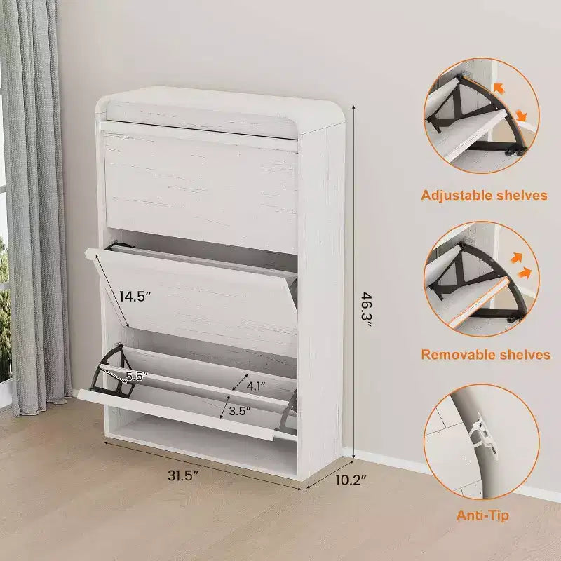 Zapatero abatible con 3 puertas y estante ajustable, almacenamiento de madera para recibidor y sala de estar