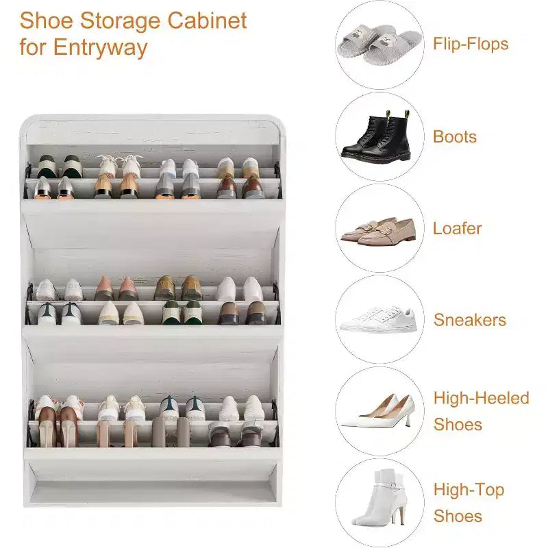 Zapatero abatible con 3 puertas y estante ajustable, almacenamiento de madera para recibidor y sala de estar