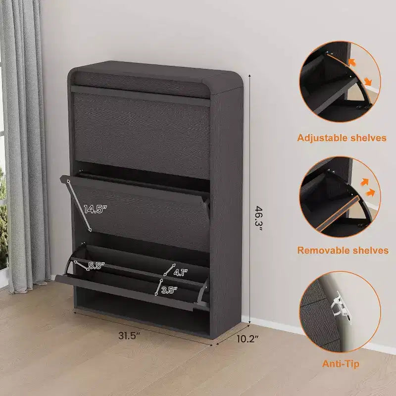 Zapatero abatible con 3 puertas y estante ajustable, almacenamiento de madera para recibidor y sala de estar