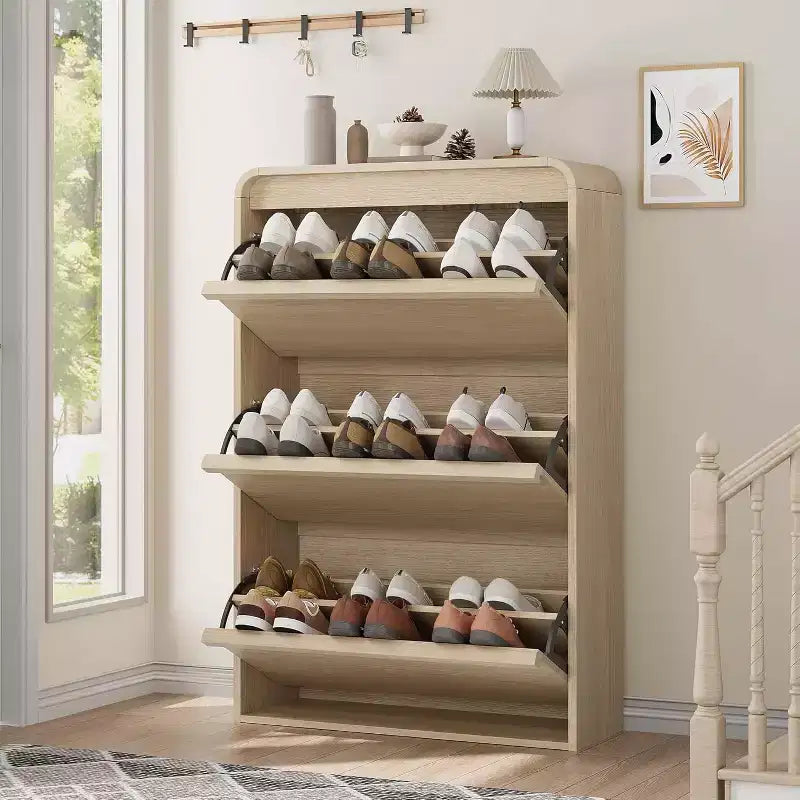 Zapatero abatible con 3 puertas y estante ajustable, almacenamiento de madera para recibidor y sala de estar