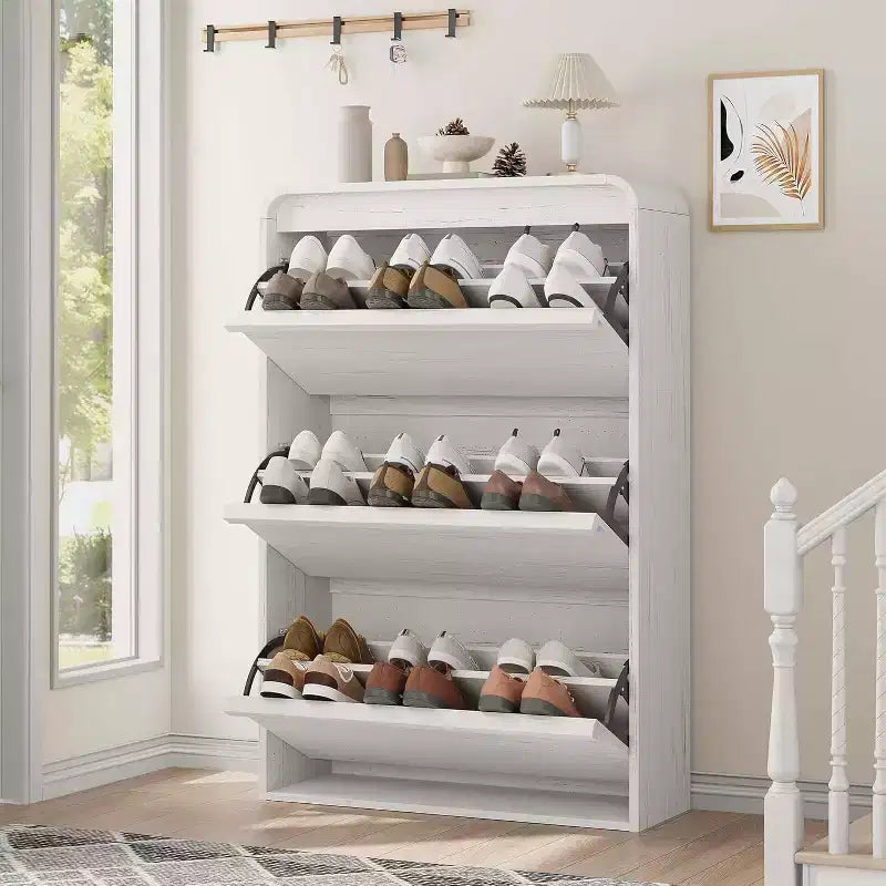 Zapatero abatible con 3 puertas y estante ajustable, almacenamiento de madera para recibidor y sala de estar