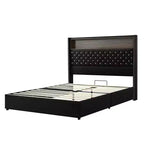 Cama tamaño Queen de terciopelo capitoné, cabecero de 52" de alto con luz nocturna y remaches, negra