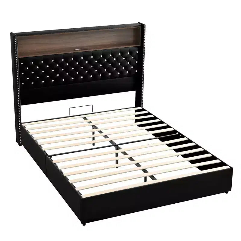Cama tamaño Queen de terciopelo capitoné, cabecero de 52" de alto con luz nocturna y remaches, negra