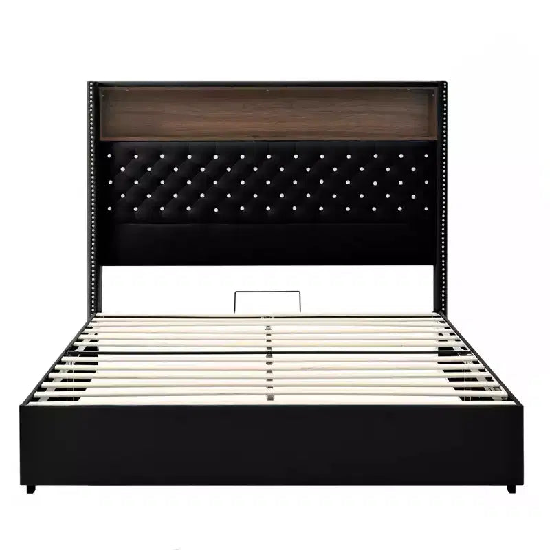 Cama tamaño Queen de terciopelo capitoné, cabecero de 52" de alto con luz nocturna y remaches, negra