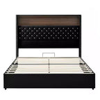 Cama tamaño Queen de terciopelo capitoné, cabecero de 52" de alto con luz nocturna y remaches, negra