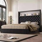 Cama tamaño Queen de terciopelo capitoné, cabecero de 52" de alto con luz nocturna y remaches, negra