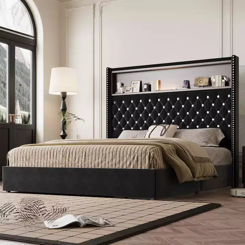 Cama tamaño Queen de terciopelo capitoné, cabecero de 52" de alto con luz nocturna y remaches, negra