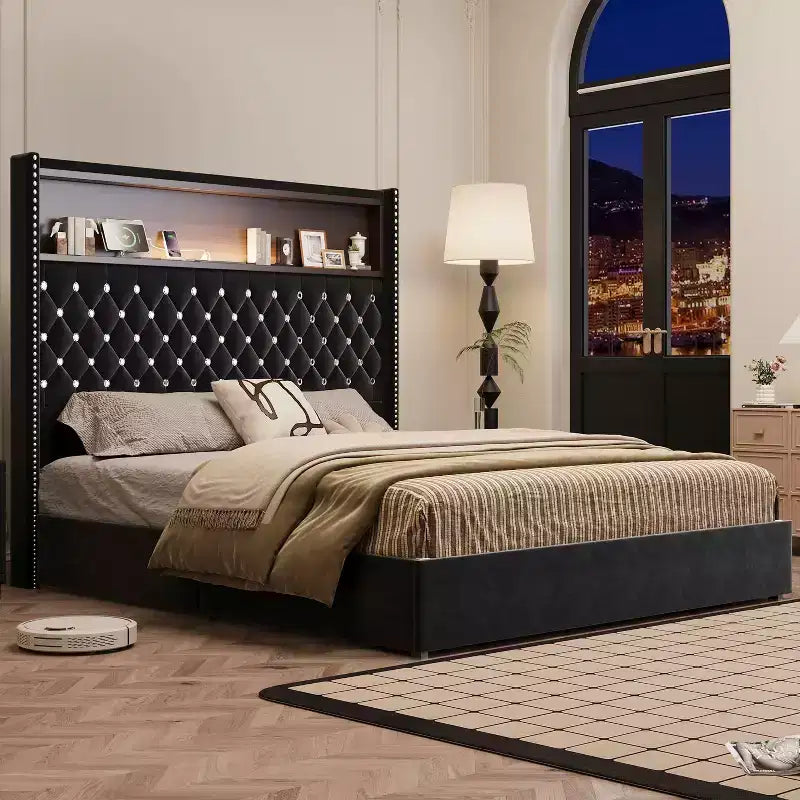 Cama tamaño Queen de terciopelo capitoné, cabecero de 52" de alto con luz nocturna y remaches, negra