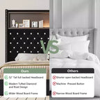 Cama tamaño Queen de terciopelo capitoné, cabecero de 52" de alto con luz nocturna y remaches, negra