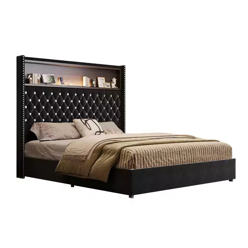 Cama tamaño Queen de terciopelo capitoné, cabecero de 52" de alto con luz nocturna y remaches, negra
