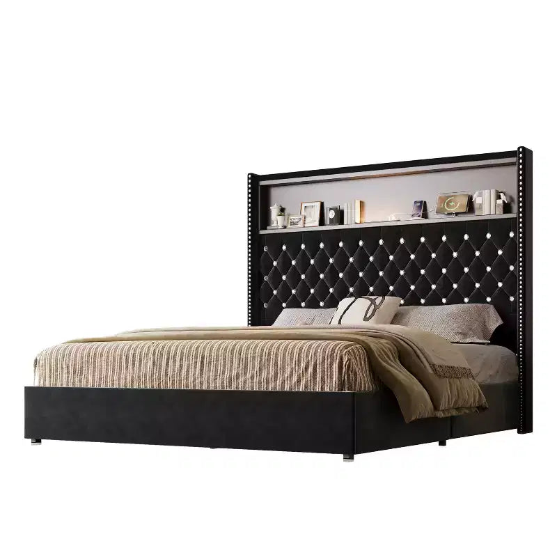 Cama tamaño Queen de terciopelo capitoné, cabecero de 52" de alto con luz nocturna y remaches, negra