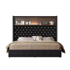 Cama tamaño Queen de terciopelo capitoné, cabecero de 52" de alto con luz nocturna y remaches, negra