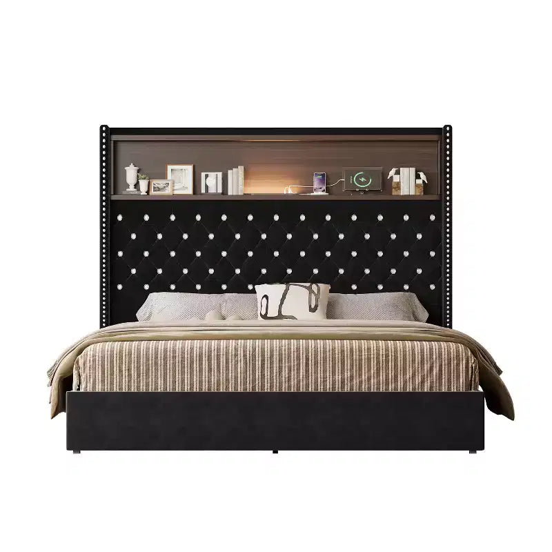 Cama tamaño Queen de terciopelo capitoné, cabecero de 52" de alto con luz nocturna y remaches, negra