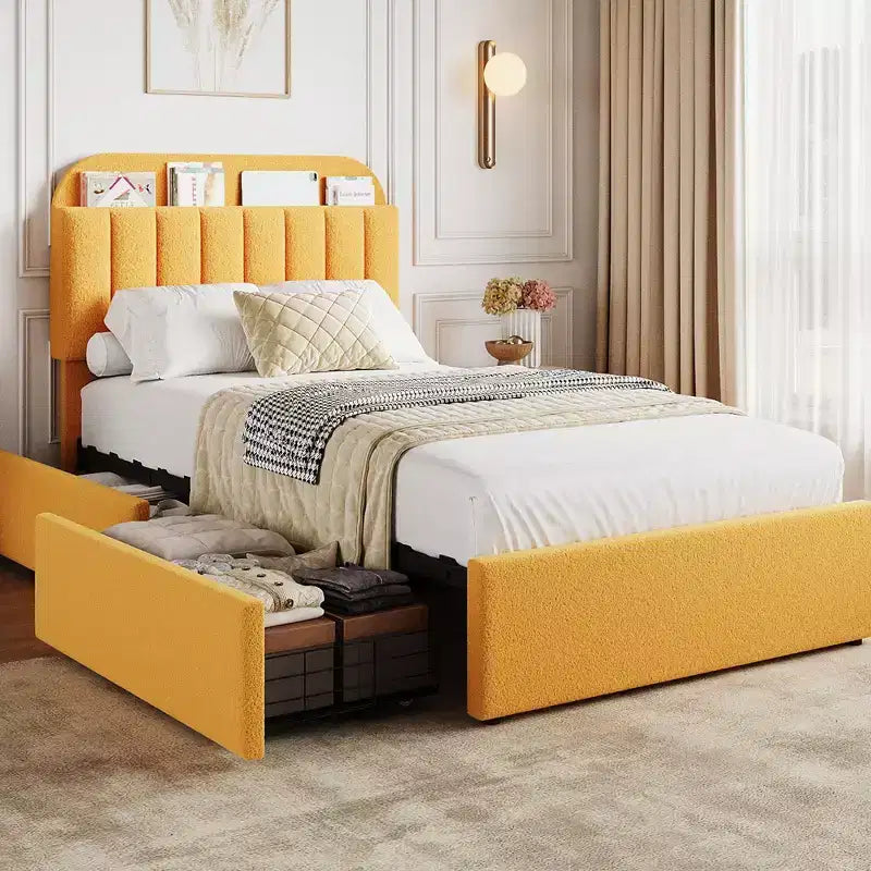 Estructura de cama con cabecero de almacenamiento, cama infantil con 2 cajones, cama de plataforma tapizada en bucle con estantería, no necesita somier, fácil montaje