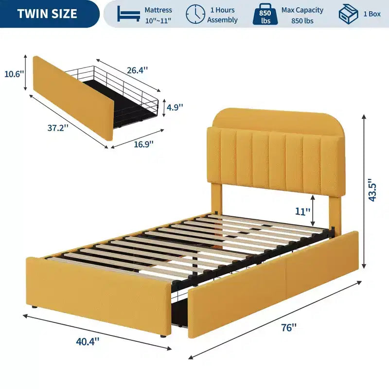 Estructura de cama con cabecero de almacenamiento, cama infantil con 2 cajones, cama de plataforma tapizada en bucle con estantería, no necesita somier, fácil montaje