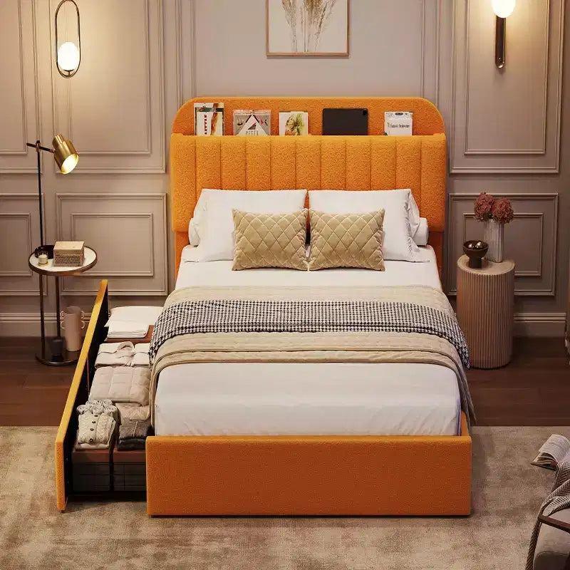 Estructura de cama con cabecero de almacenamiento, cama infantil con 2 cajones, cama de plataforma tapizada en bucle con estantería, no necesita somier, fácil montaje