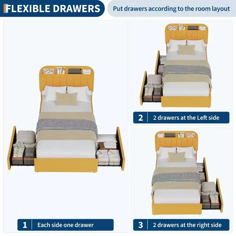Estructura de cama con cabecero de almacenamiento, cama infantil con 2 cajones, cama de plataforma tapizada en bucle con estantería, no necesita somier, fácil montaje