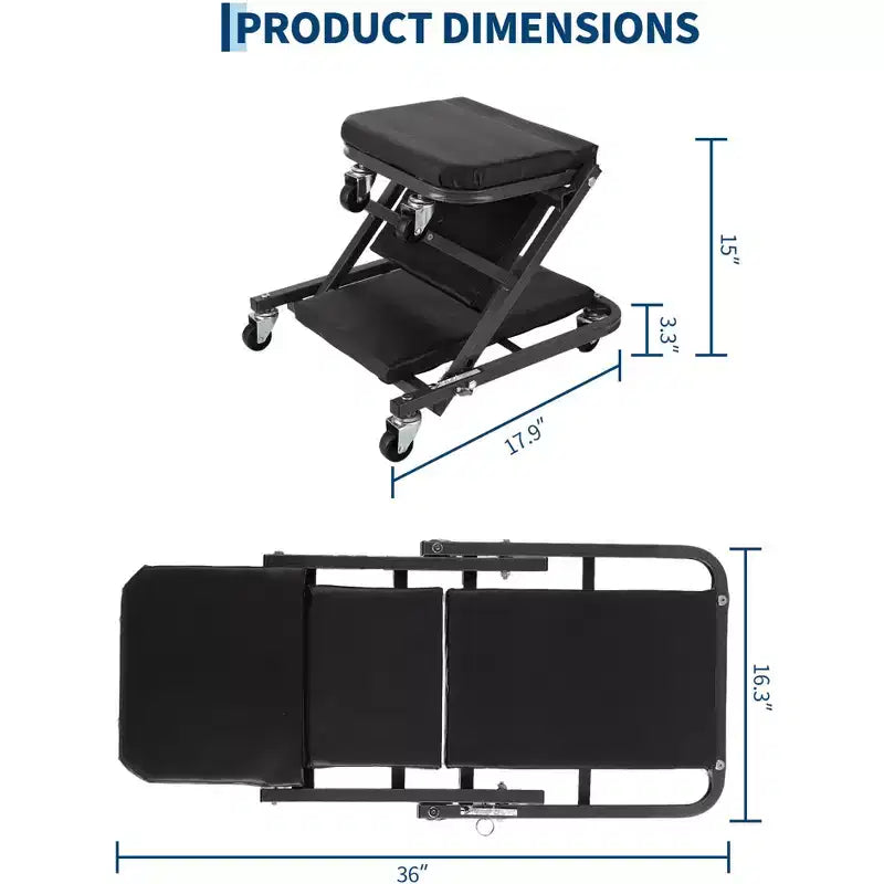 Asiento con ruedas plegable 2 en 1 estilo Z para mecánico, silla rodante de garaje de 36 pulgadas con ruedas giratorias, plataforma rodante resistente para taller de reparación de automóviles