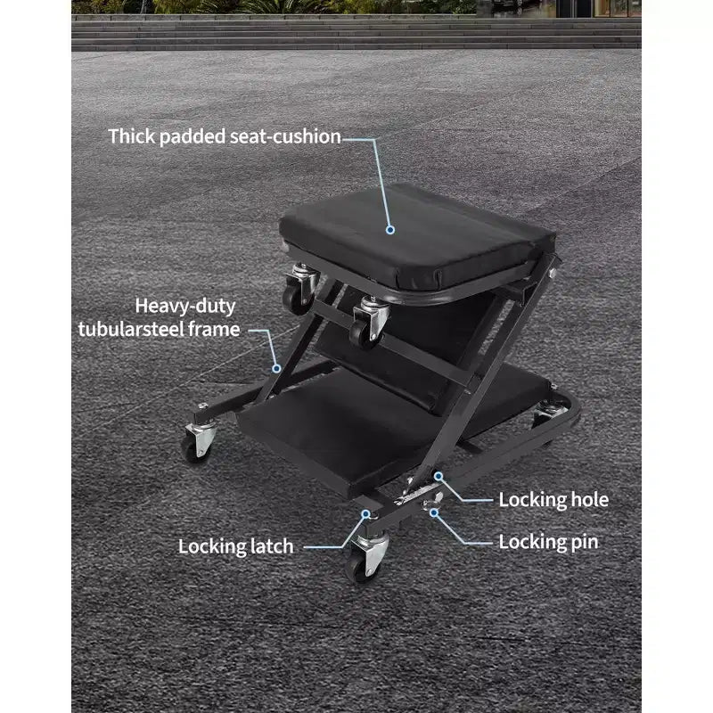 Asiento con ruedas plegable 2 en 1 estilo Z para mecánico, silla rodante de garaje de 36 pulgadas con ruedas giratorias, plataforma rodante resistente para taller de reparación de automóviles